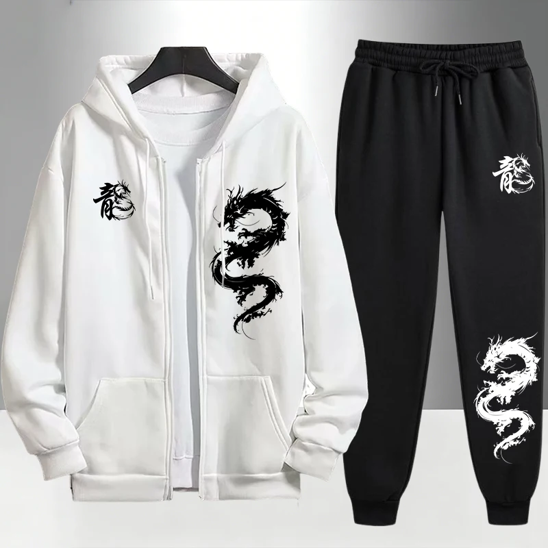 Men'S Fashion Zipper Hoodie - Erkekler için Çin Ejderha Baskılı Eşofman