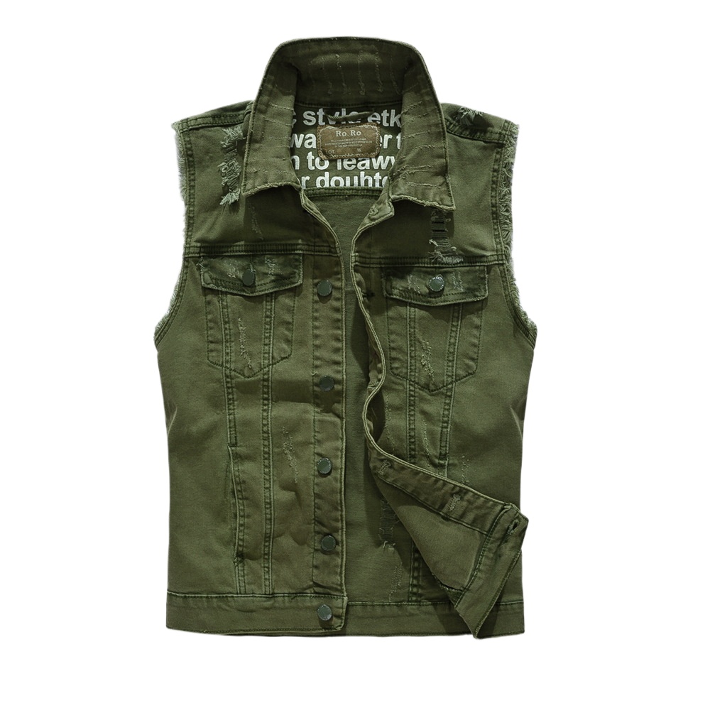 Men'S Fashion Vest With Jeans - Yeni Moda Erkekler Yeşil Rahat Yırtık