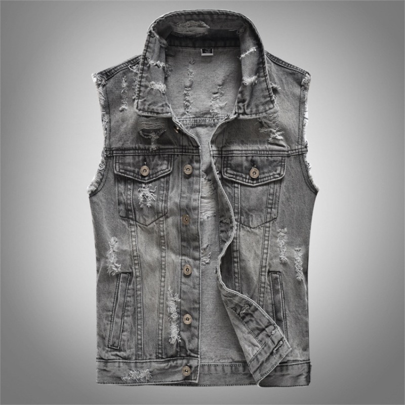 Men'S Fashion Vest With Jeans - Yeni Moda Erkekler Retro Gri Denim